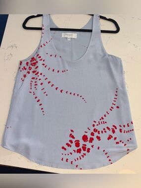 Equipment Heaven Blue Multi Viv Print trailing hearts print silk top
